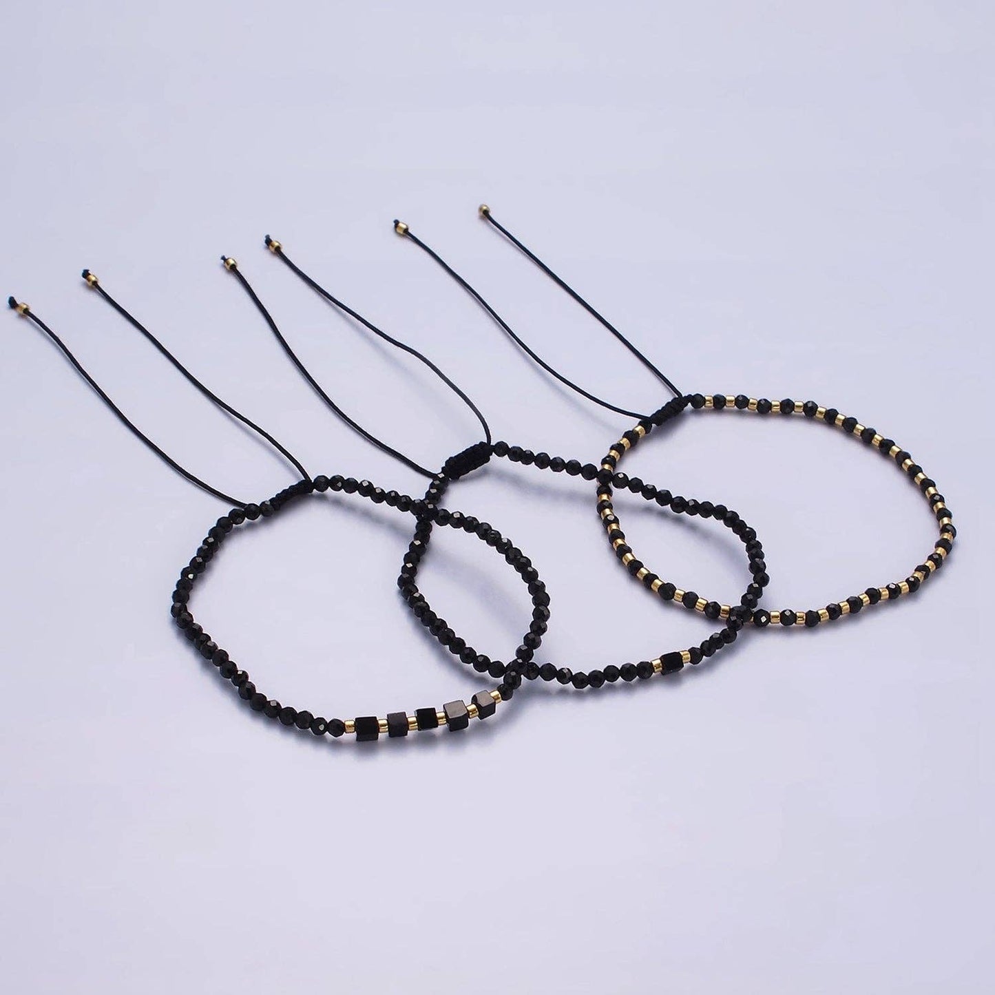 14K Gold Filled Onyx Multifaceted Black Rope Adjustable Bracelets